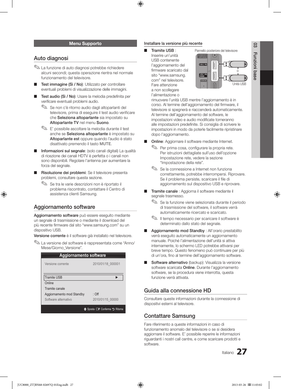 Auto diagnosi, Aggiornamento software, Guida alla connessione hd | Contattare samsung | Samsung UE55C8000XP User Manual | Page 91 / 193