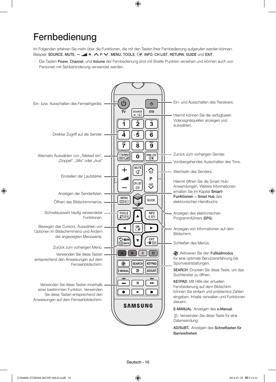 Fernbedienung | Samsung UE55H6800AY User Manual | Page 50 / 61