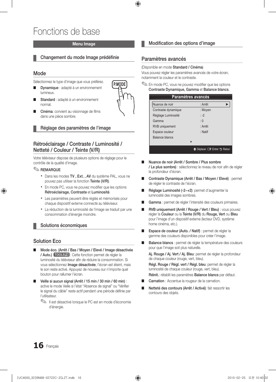 Fonctions de base, Mode, Solution eco | Paramètres avancés | Samsung UE32C4000PW User Manual | Page 104 / 178