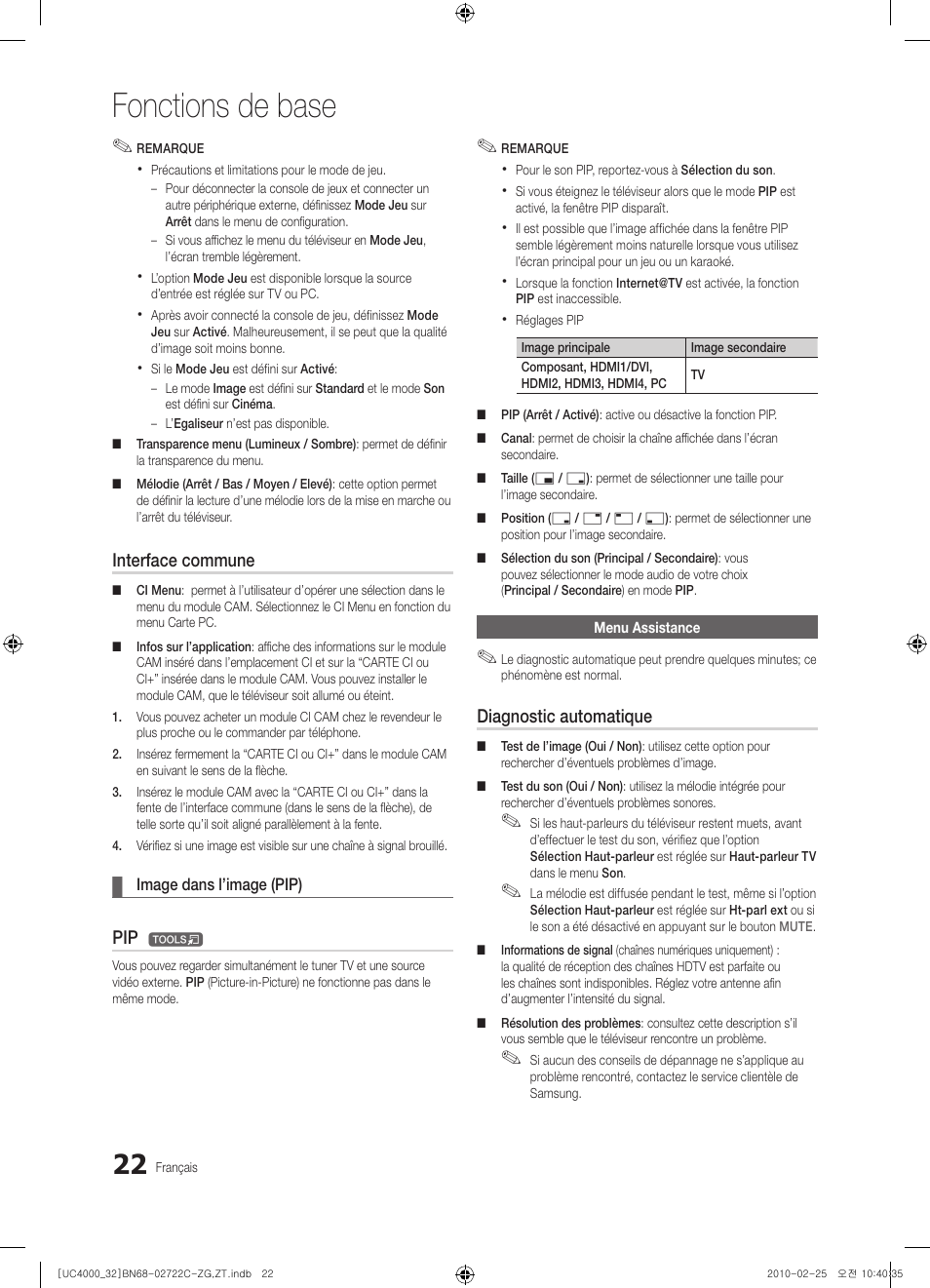 Fonctions de base, Interface commune, Diagnostic automatique | Samsung UE32C4000PW User Manual | Page 110 / 178