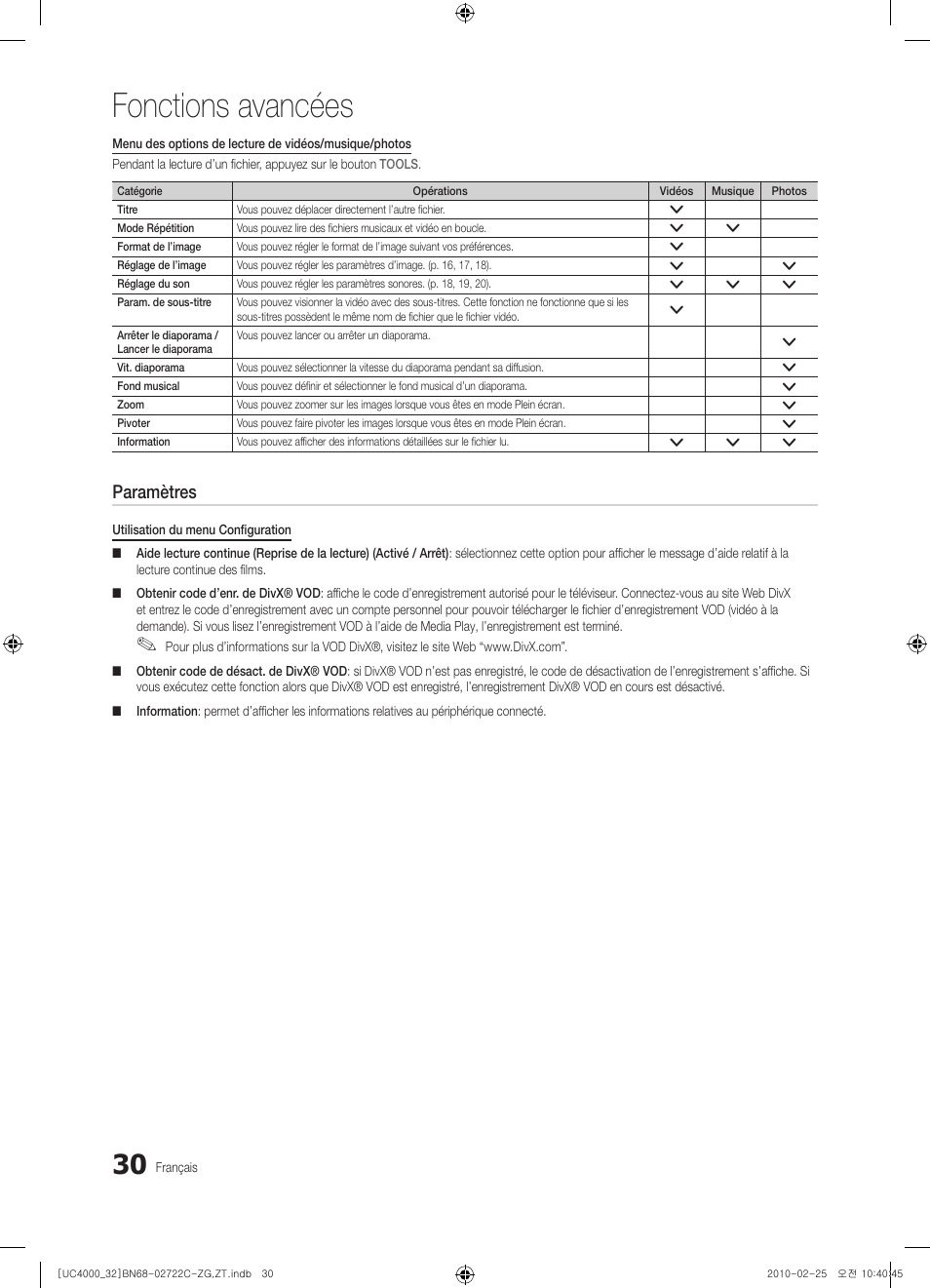 Fonctions avancées, Paramètres | Samsung UE32C4000PW User Manual | Page 118 / 178