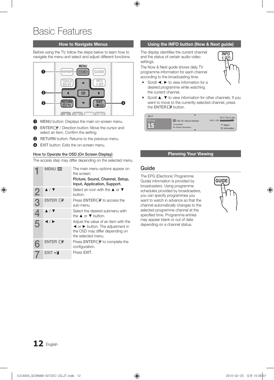 Basic features, Guide | Samsung UE32C4000PW User Manual | Page 12 / 178