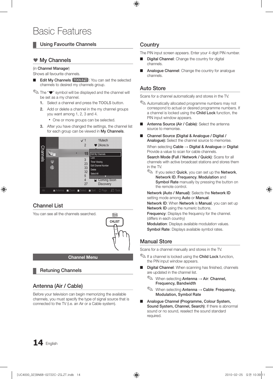Basic features, My channels, Channel list | Antenna (air / cable), Country, Auto store, Manual store | Samsung UE32C4000PW User Manual | Page 14 / 178