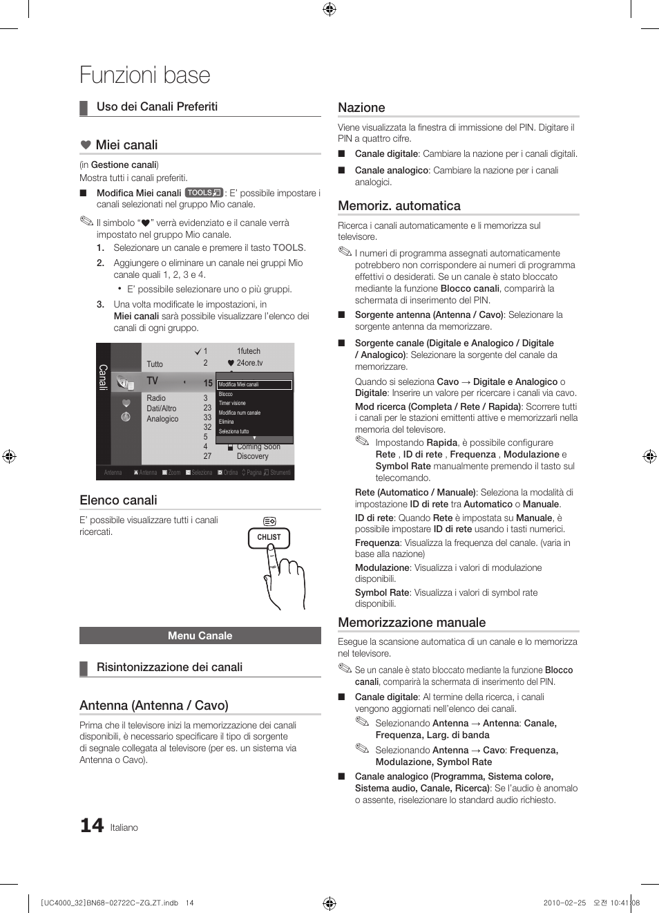 Funzioni base, Miei canali, Elenco canali | Antenna (antenna / cavo), Nazione | Samsung UE32C4000PW User Manual | Page 146 / 178