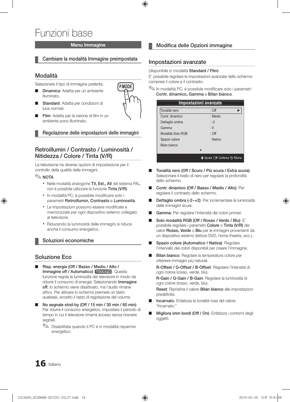 Funzioni base, Modalità, Soluzione eco | Impostazioni avanzate | Samsung UE32C4000PW User Manual | Page 148 / 178