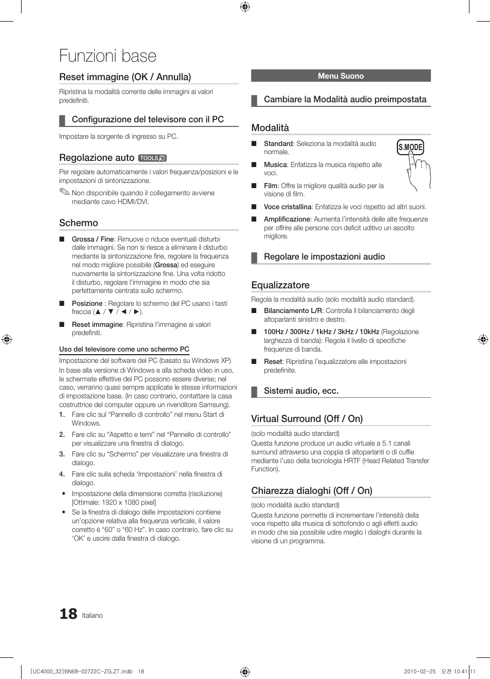 Funzioni base, Reset immagine (ok / annulla), Regolazione auto | Schermo, Modalità, Equalizzatore, Virtual surround (off / on), Chiarezza dialoghi (off / on) | Samsung UE32C4000PW User Manual | Page 150 / 178