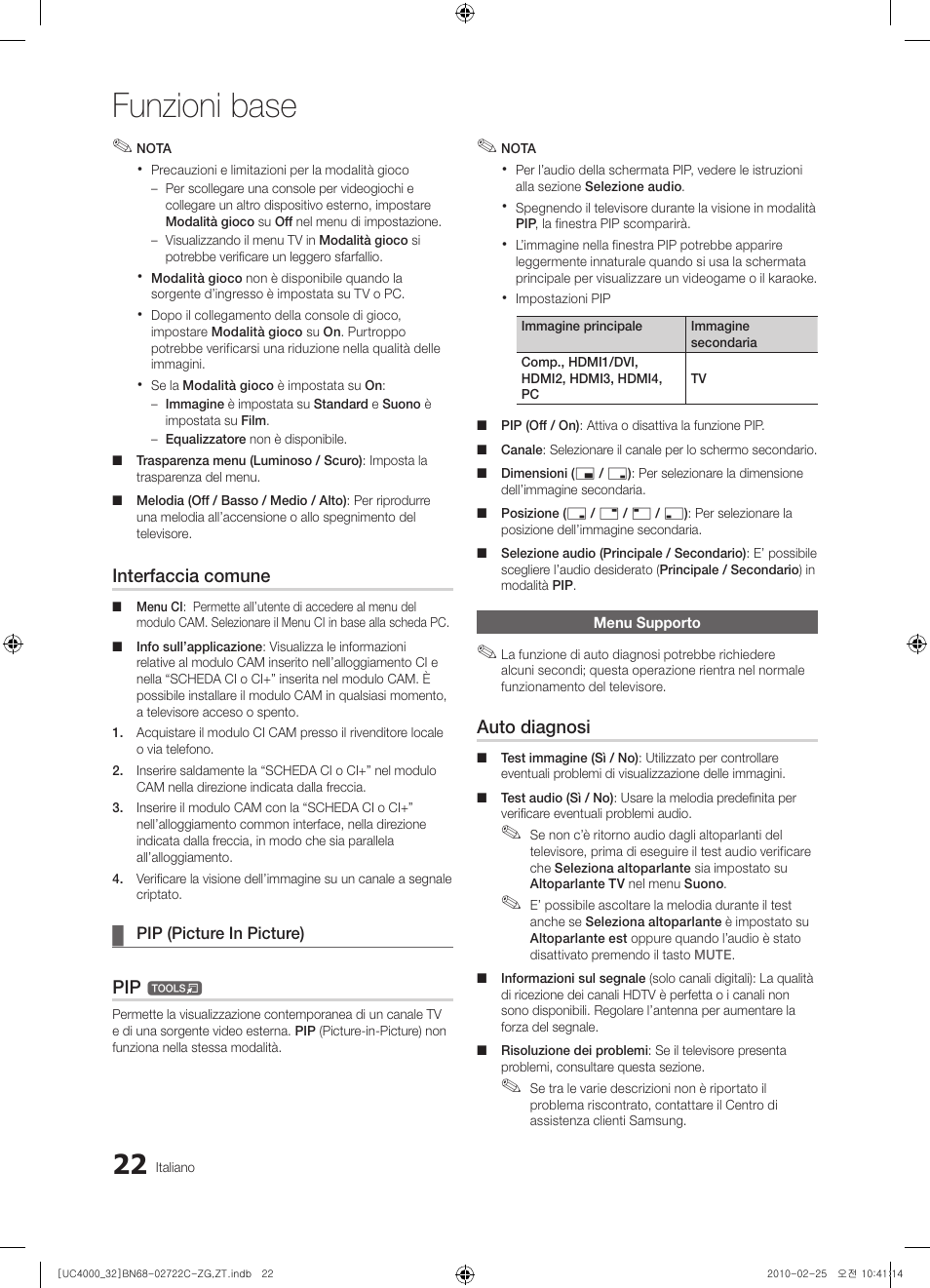 Funzioni base, Interfaccia comune, Auto diagnosi | Samsung UE32C4000PW User Manual | Page 154 / 178