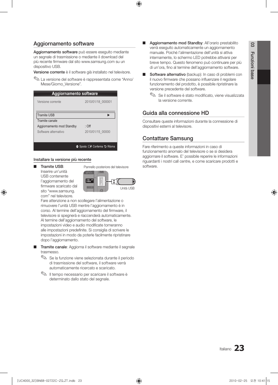 Aggiornamento software, Guida alla connessione hd, Contattare samsung | Samsung UE32C4000PW User Manual | Page 155 / 178