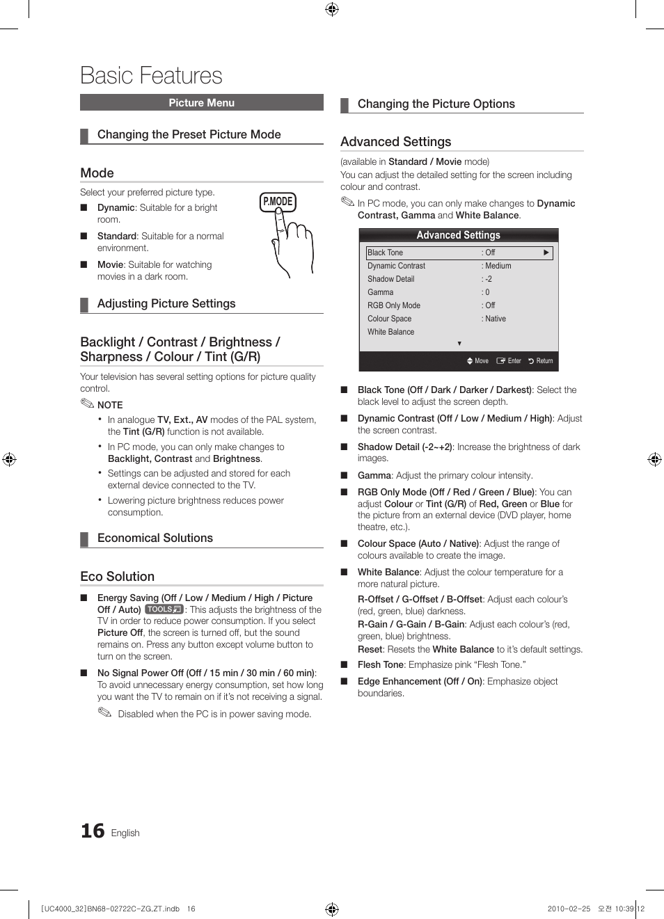 Basic features, Mode, Eco solution | Advanced settings | Samsung UE32C4000PW User Manual | Page 16 / 178
