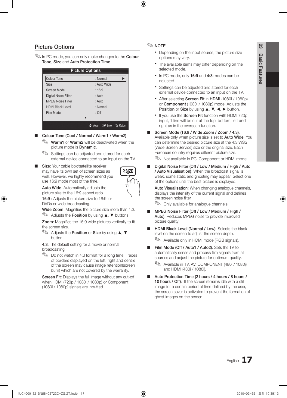 Picture options | Samsung UE32C4000PW User Manual | Page 17 / 178