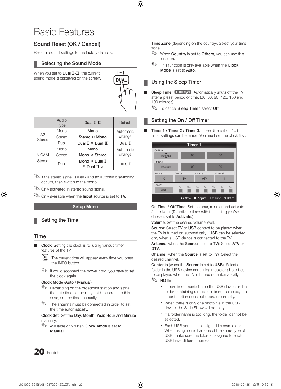 Basic features, Sound reset (ok / cancel), Time | Samsung UE32C4000PW User Manual | Page 20 / 178
