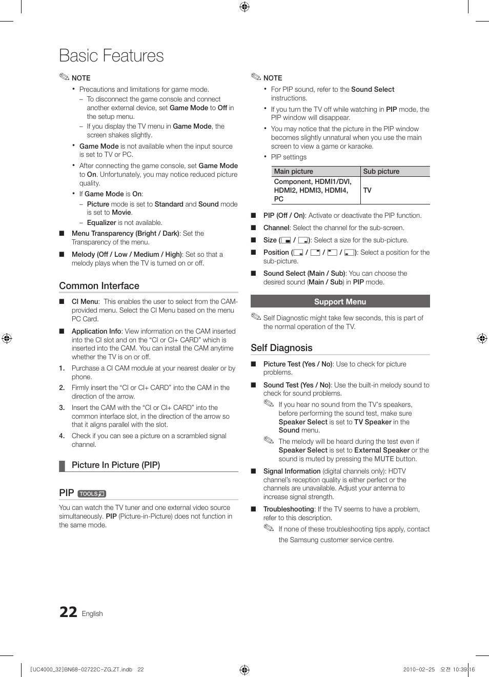 Basic features, Common interface, Self diagnosis | Samsung UE32C4000PW User Manual | Page 22 / 178