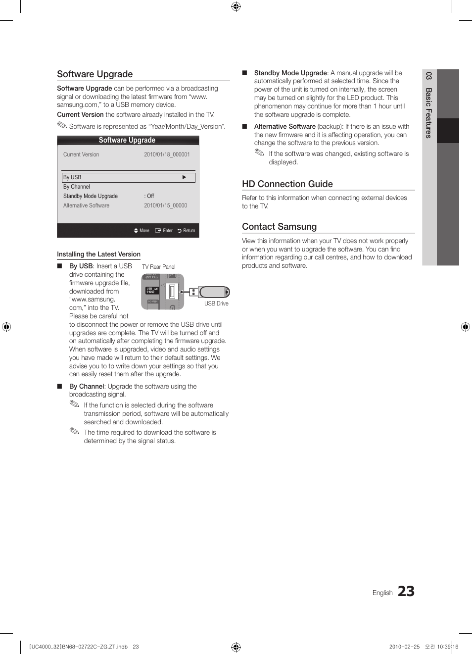 Software upgrade, Hd connection guide, Contact samsung | Samsung UE32C4000PW User Manual | Page 23 / 178