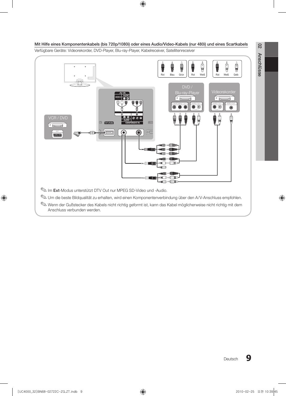 02 anschlüsse, Deutsch, Vcr / dvd videorekorder | Dvd / blu-ray-player | Samsung UE32C4000PW User Manual | Page 53 / 178