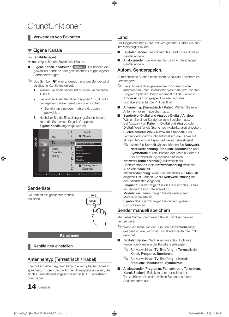 Grundfunktionen, Eigene kanäle, Senderliste | Antennentyp (terrestrisch / kabel), Land, Autom. senderspeich, Sender manuell speichern | Samsung UE32C4000PW User Manual | Page 58 / 178