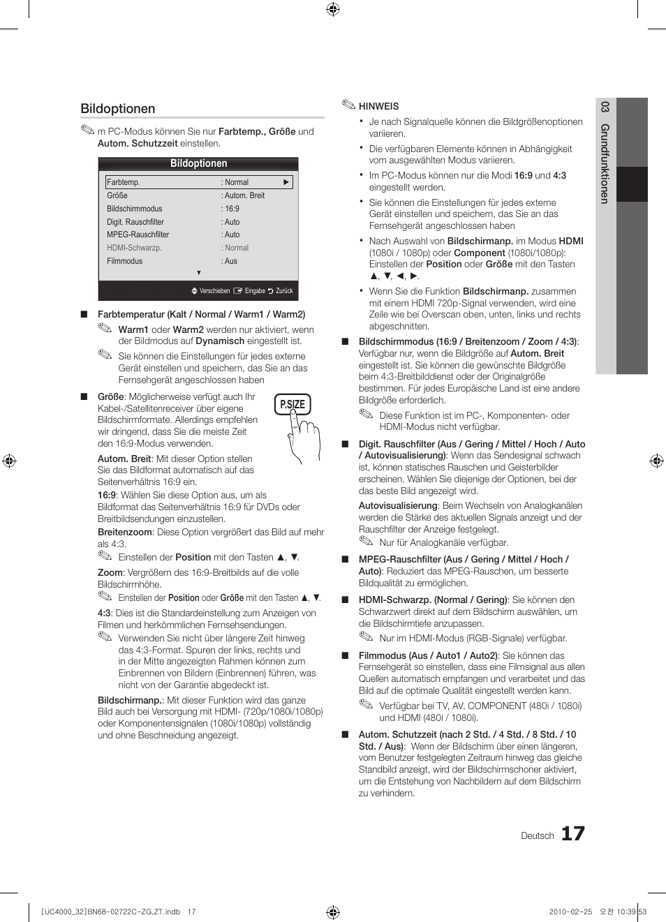 Bildoptionen | Samsung UE32C4000PW User Manual | Page 61 / 178