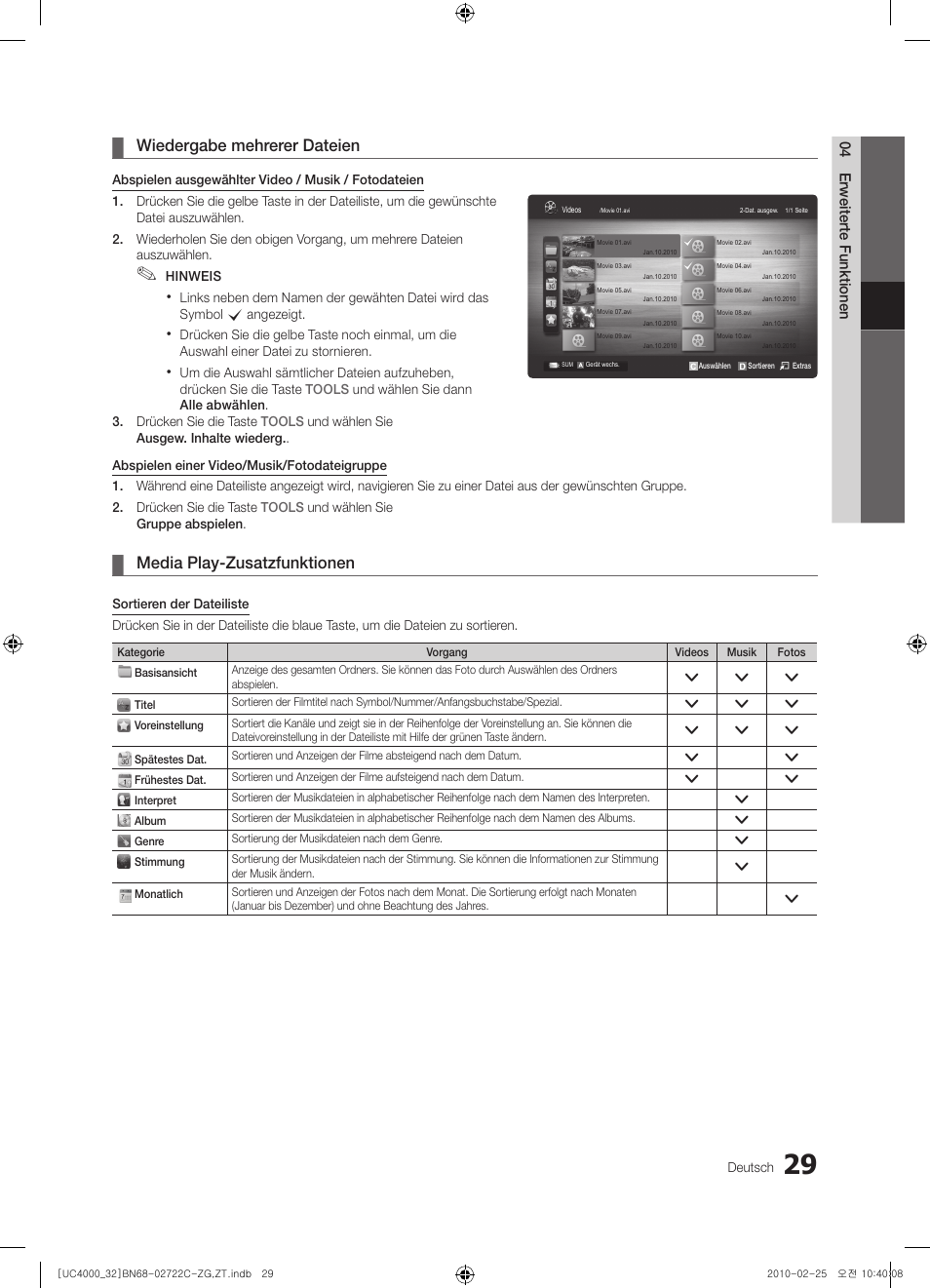 Wiedergabe mehrerer dateien, Media play-zusatzfunktionen | Samsung UE32C4000PW User Manual | Page 73 / 178