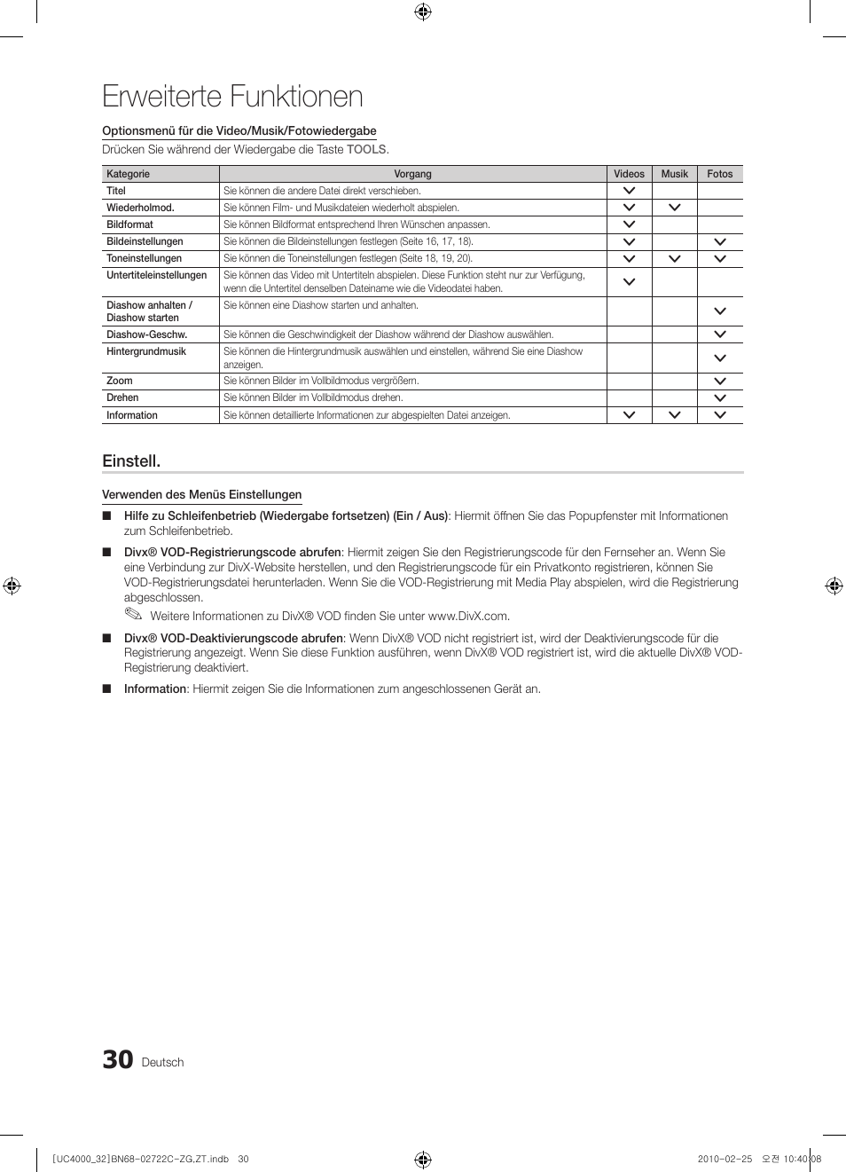 Erweiterte funktionen, Einstell | Samsung UE32C4000PW User Manual | Page 74 / 178