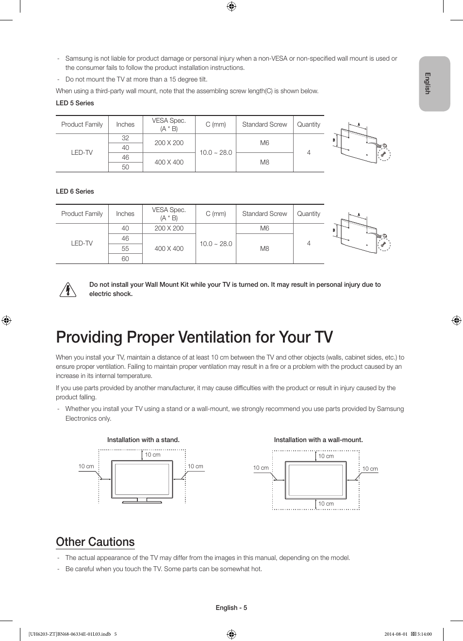 Providing proper ventilation for your tv, Other cautions | Samsung UE32H5303AK User Manual | Page 5 / 61