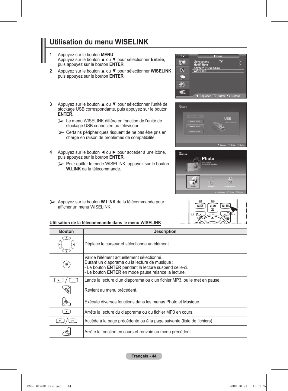 Utilisation du menu wiselink | Samsung PS58A656T1F User Manual | Page 108 / 567