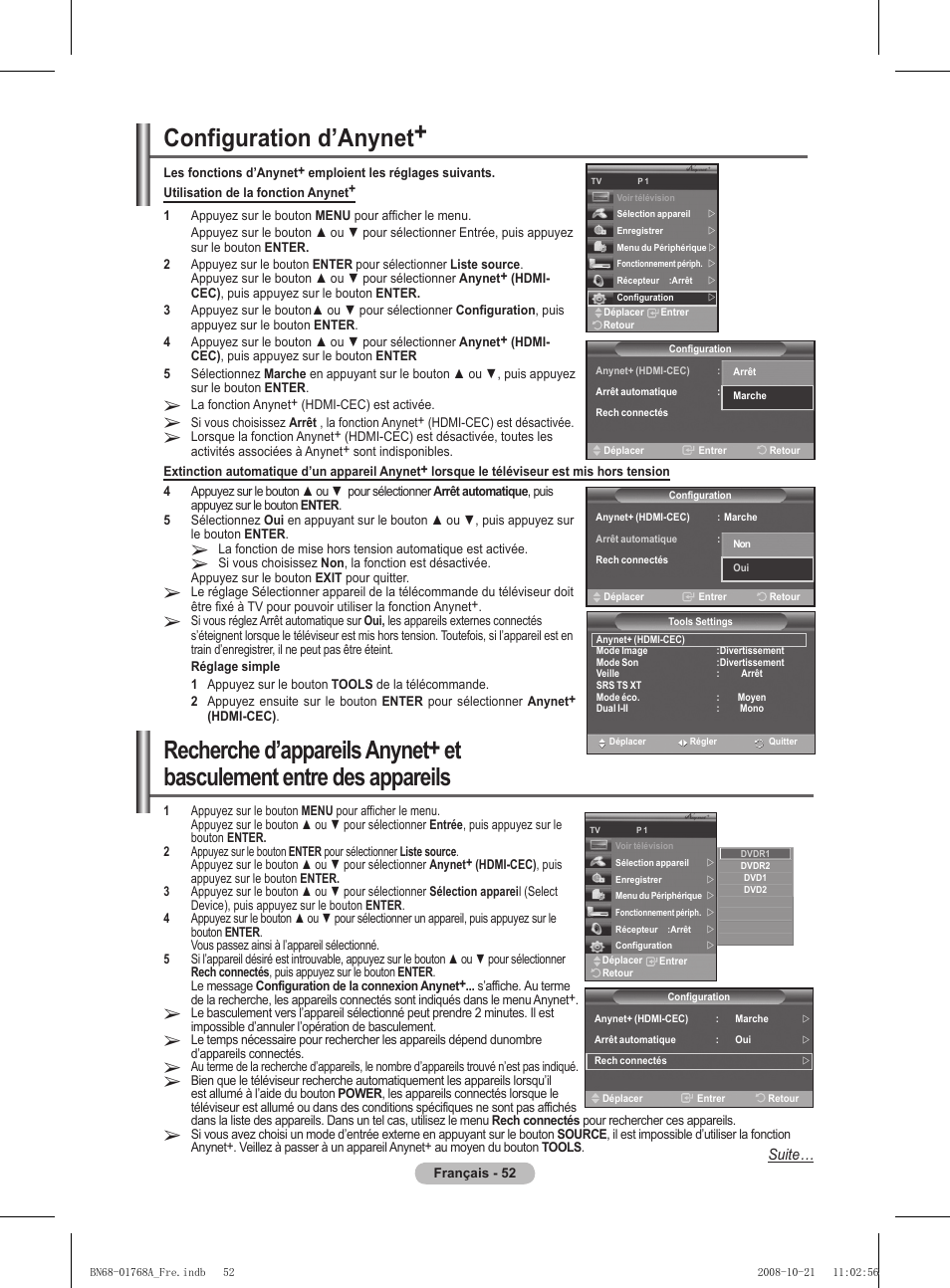 Configuration d’anynet | Samsung PS58A656T1F User Manual | Page 116 / 567