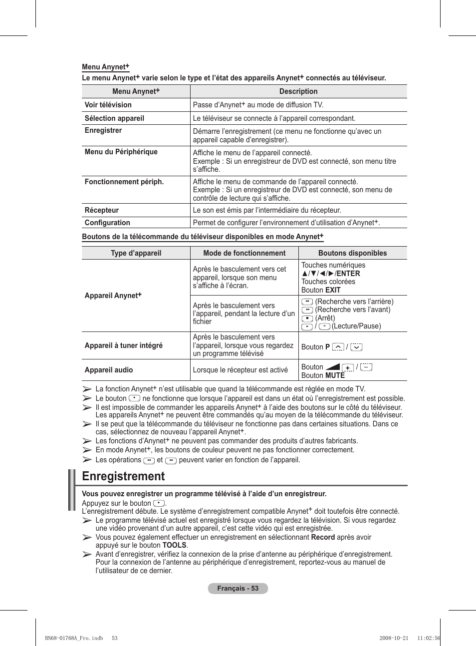 Enregistrement | Samsung PS58A656T1F User Manual | Page 117 / 567