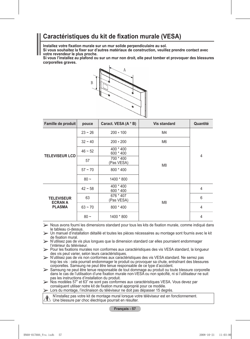 Caractéristiques du kit de fixation murale (vesa) | Samsung PS58A656T1F User Manual | Page 121 / 567