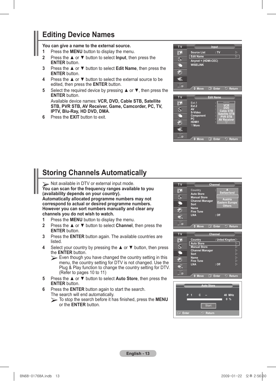Editing device names, Storing channels automatically | Samsung PS58A656T1F User Manual | Page 13 / 567