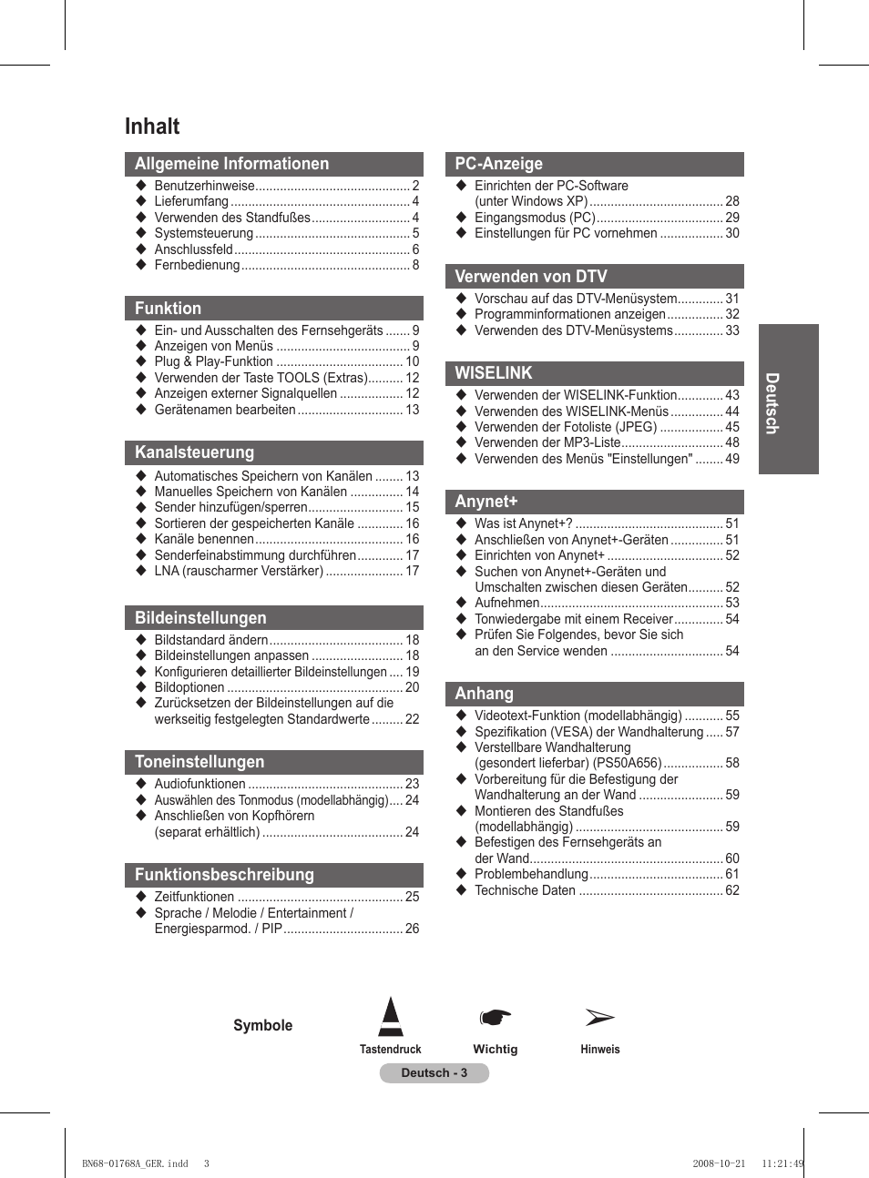 Inhalt | Samsung PS58A656T1F User Manual | Page 130 / 567