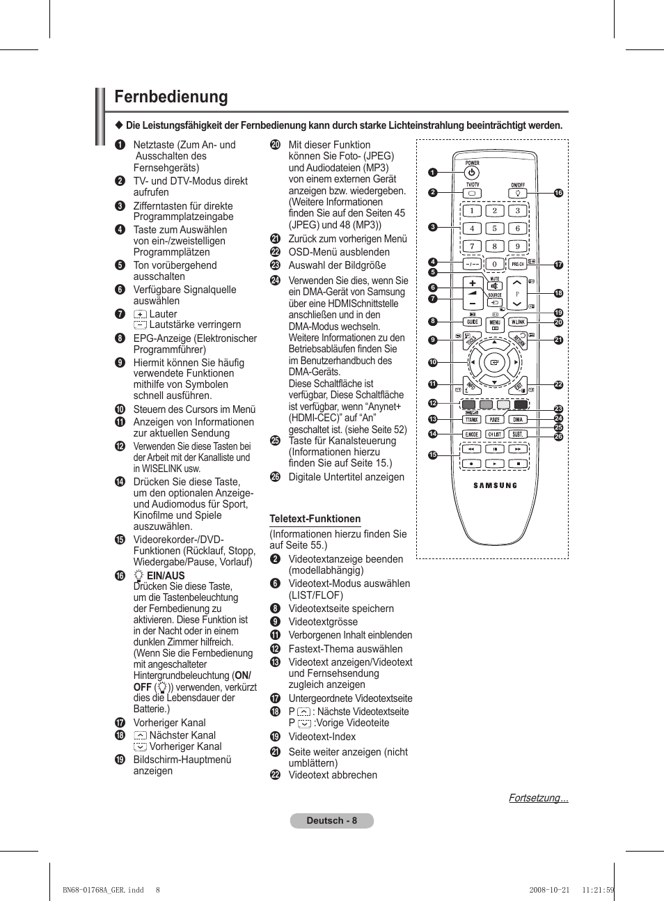 Fernbedienung | Samsung PS58A656T1F User Manual | Page 135 / 567