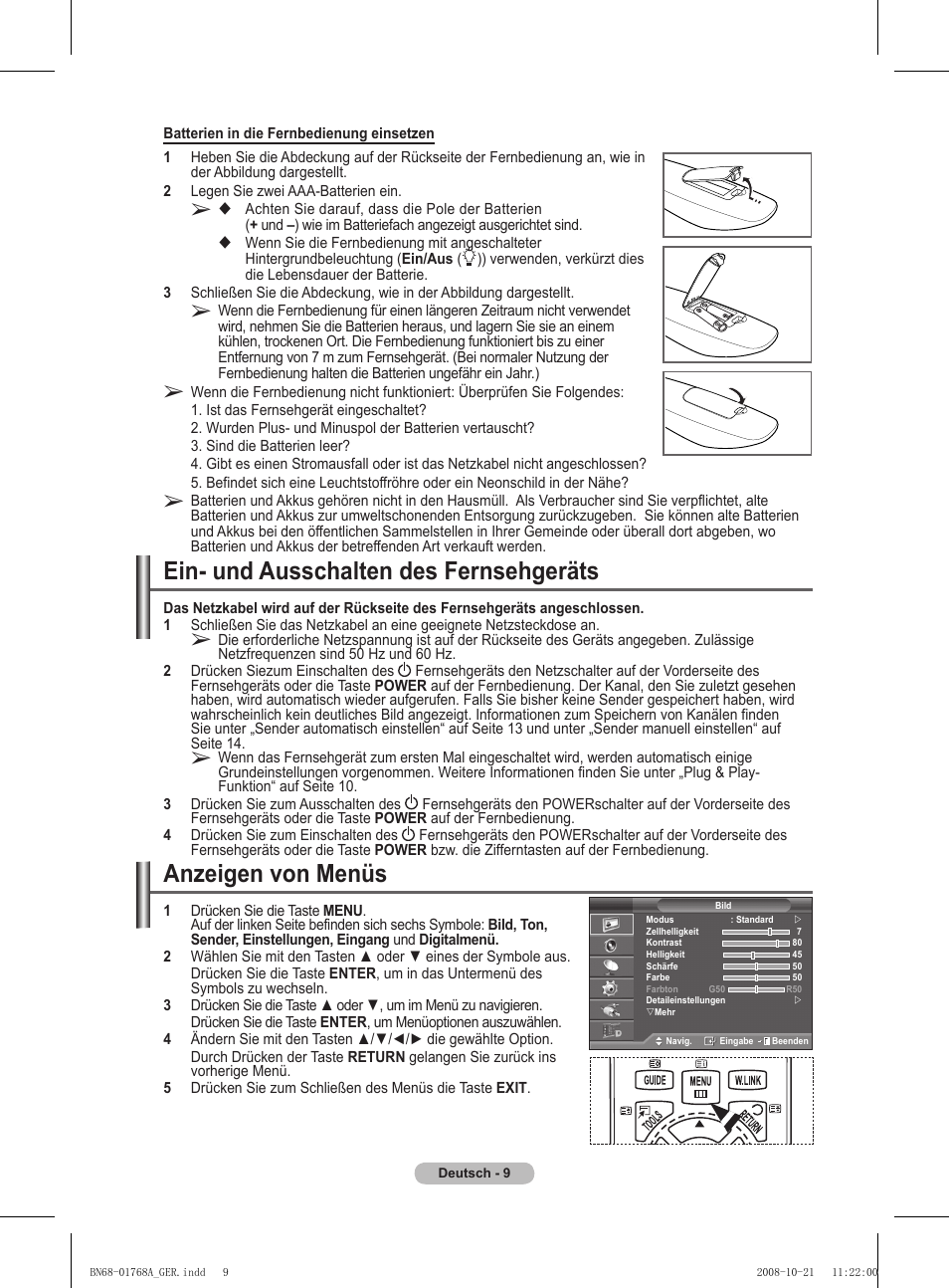 Ein- und ausschalten des fernsehgeräts, Anzeigen von menüs | Samsung PS58A656T1F User Manual | Page 136 / 567