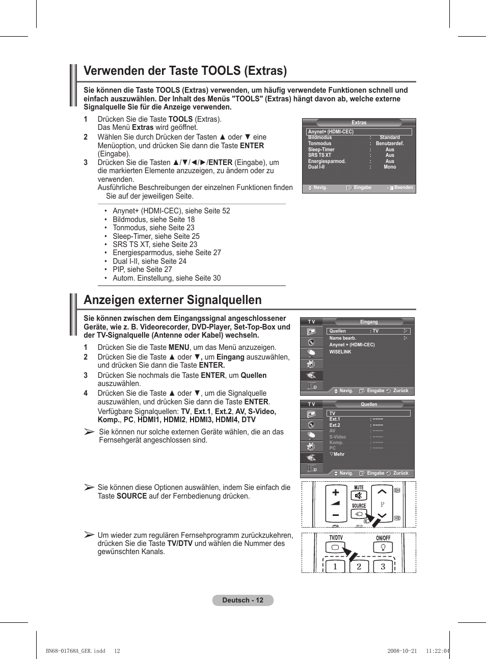 Verwenden der taste tools (extras), Anzeigen externer signalquellen | Samsung PS58A656T1F User Manual | Page 139 / 567