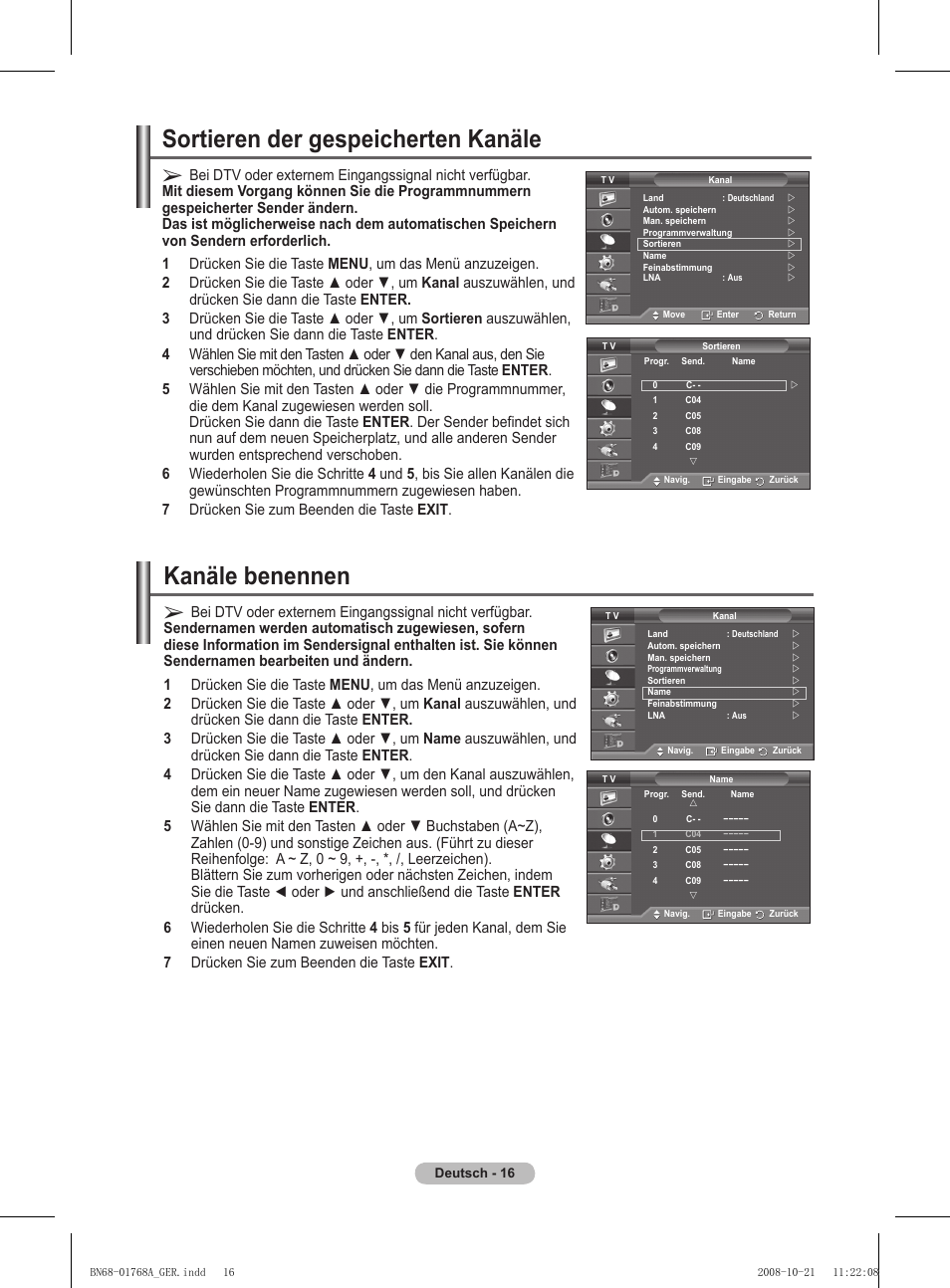Sortieren der gespeicherten kanäle, Kanäle benennen | Samsung PS58A656T1F User Manual | Page 143 / 567