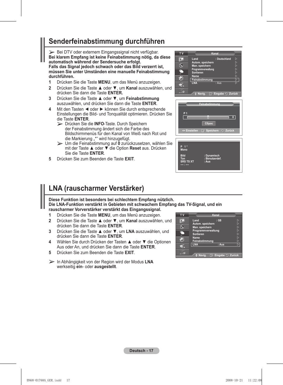 Senderfeinabstimmung durchführen, Lna (rauscharmer verstärker) | Samsung PS58A656T1F User Manual | Page 144 / 567