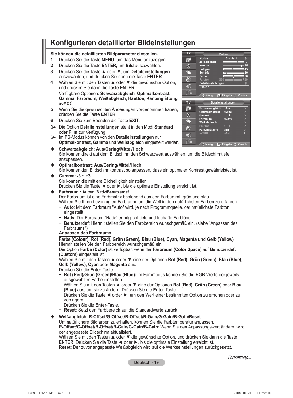 Konfigurieren detaillierter bildeinstellungen, Fortsetzung | Samsung PS58A656T1F User Manual | Page 146 / 567