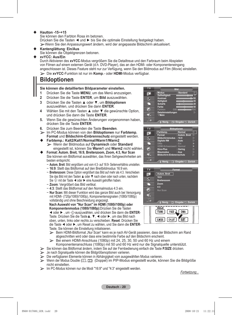 Bildoptionen | Samsung PS58A656T1F User Manual | Page 147 / 567
