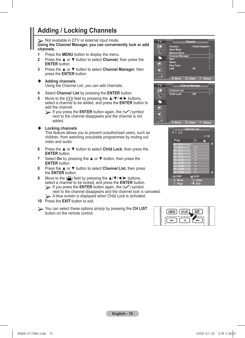 Adding / locking channels | Samsung PS58A656T1F User Manual | Page 15 / 567