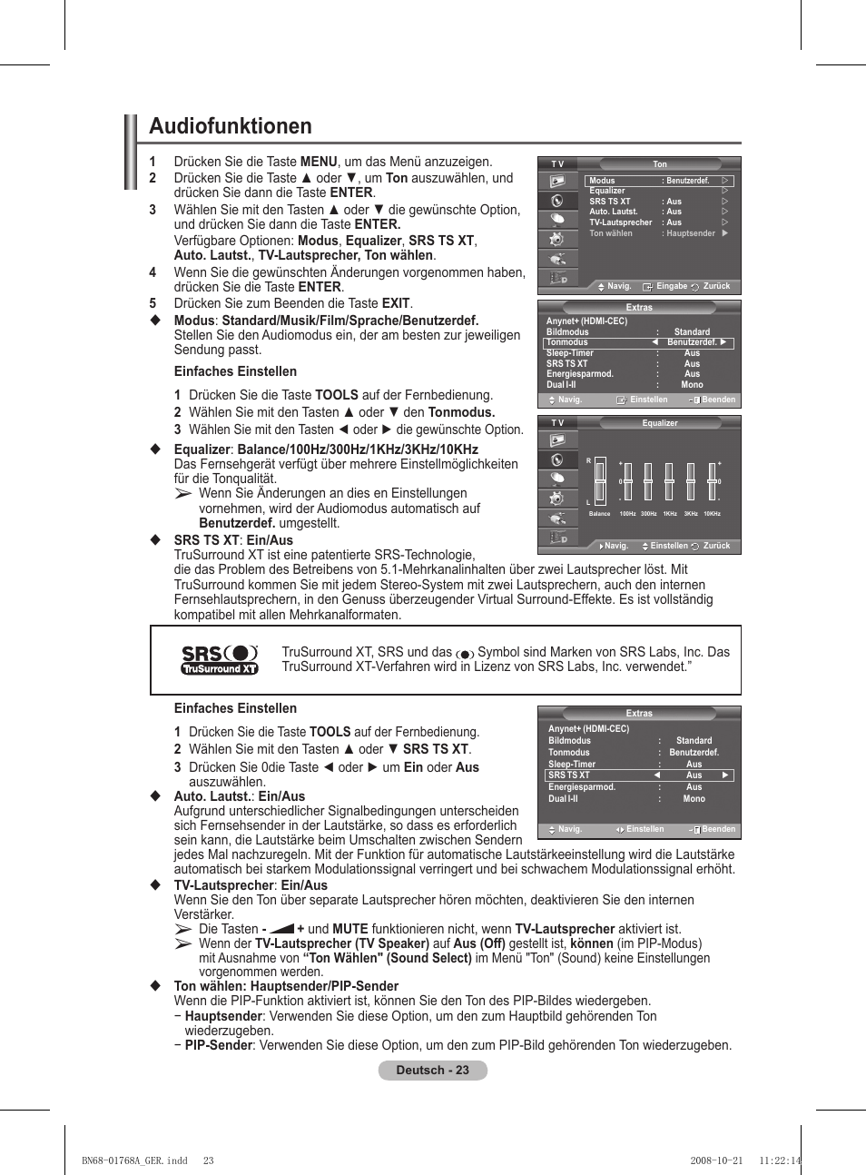 Audiofunktionen | Samsung PS58A656T1F User Manual | Page 150 / 567
