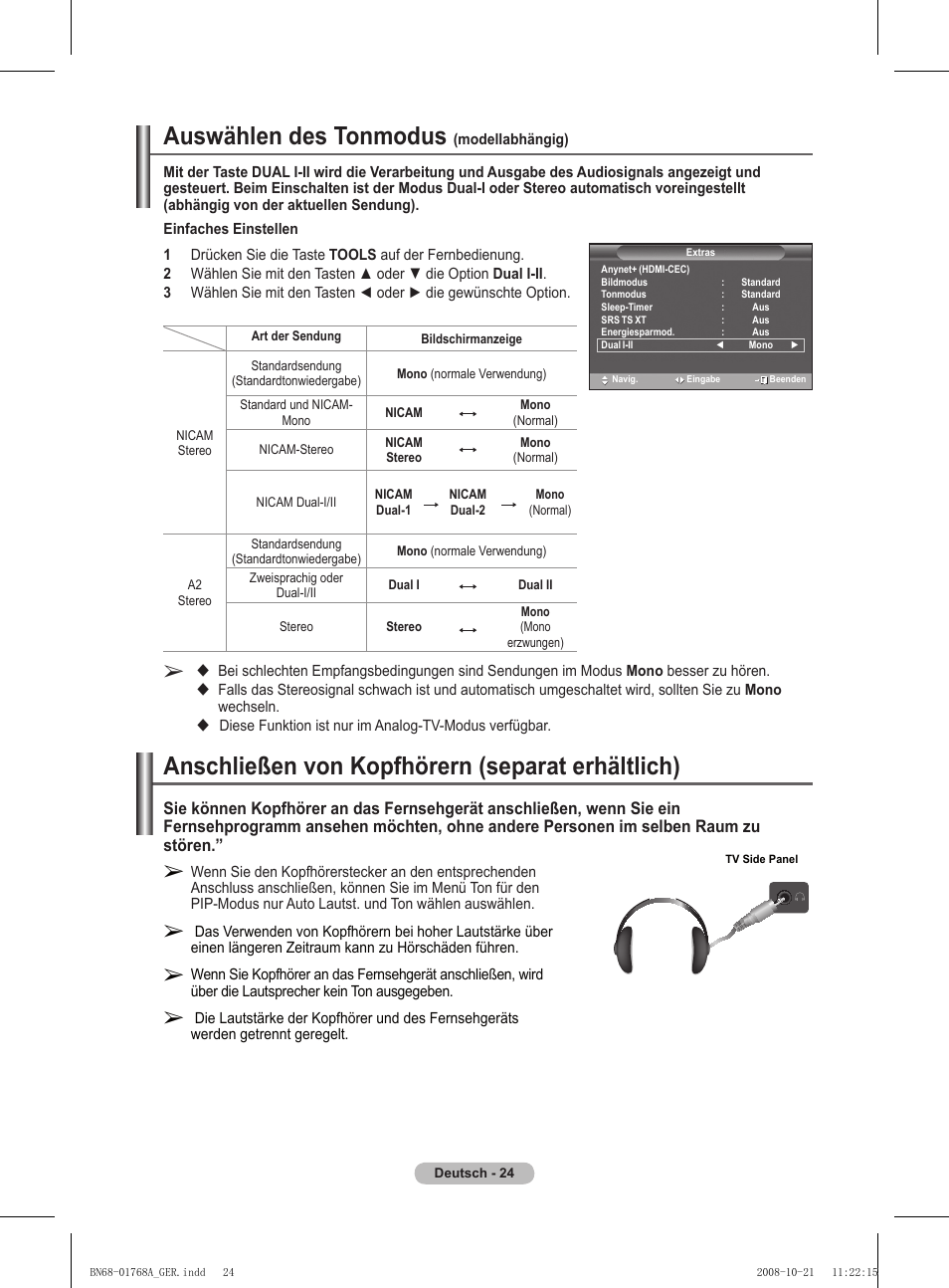 Auswählen des tonmodus, Anschließen von kopfhörern (separat erhältlich) | Samsung PS58A656T1F User Manual | Page 151 / 567