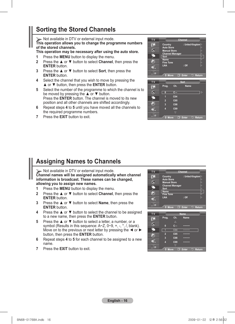 Sorting the stored channels, Assigning names to channels | Samsung PS58A656T1F User Manual | Page 16 / 567
