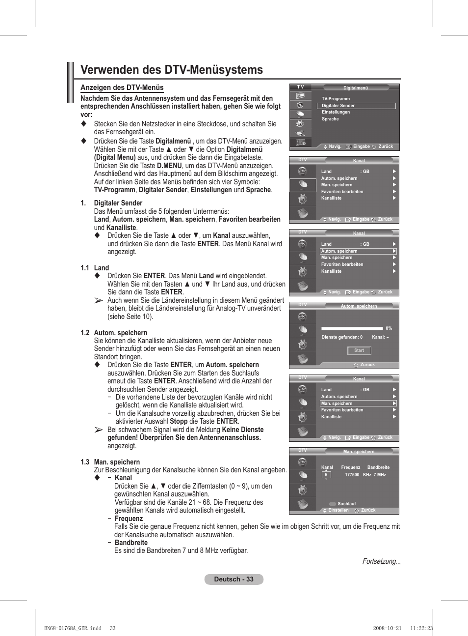 Verwenden des dtv-menüsystems, Fortsetzung | Samsung PS58A656T1F User Manual | Page 160 / 567