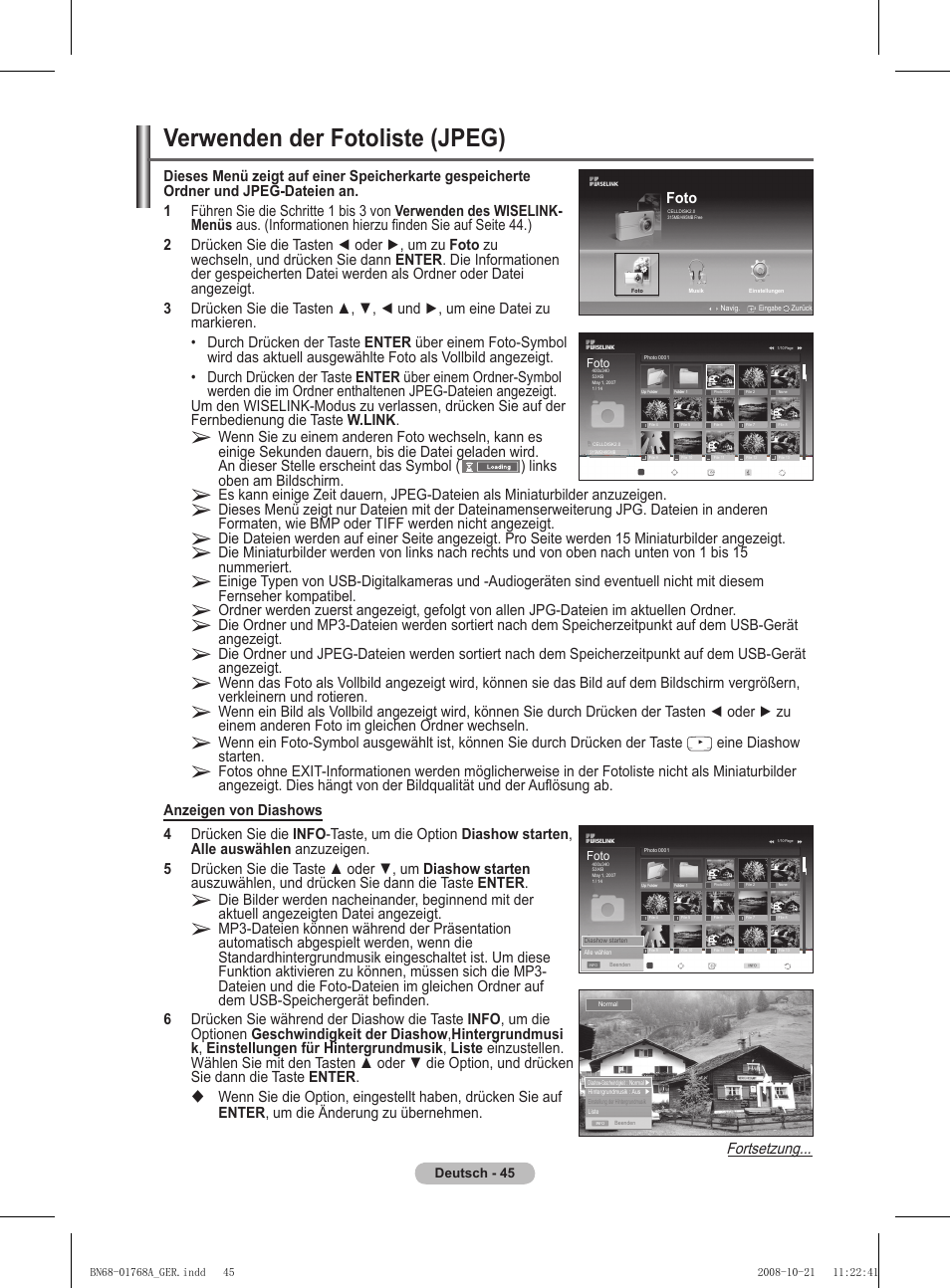 Verwenden der fotoliste (jpeg), Fortsetzung | Samsung PS58A656T1F User Manual | Page 172 / 567