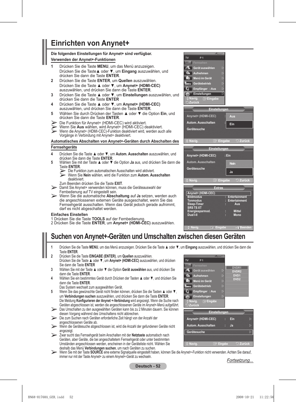 Einrichten von anynet, Fortsetzung | Samsung PS58A656T1F User Manual | Page 179 / 567