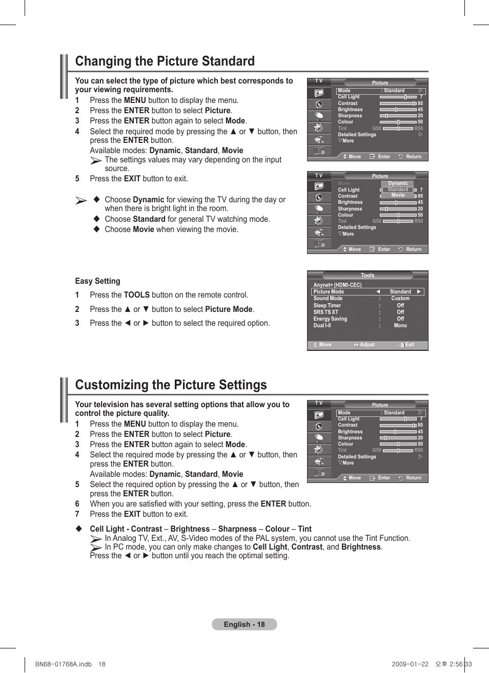 Customizing the picture settings, Changing the picture standard | Samsung PS58A656T1F User Manual | Page 18 / 567