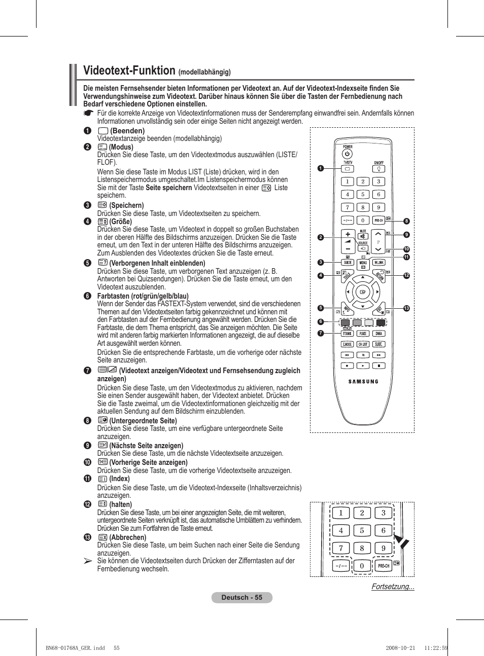 Videotext-funktion | Samsung PS58A656T1F User Manual | Page 182 / 567