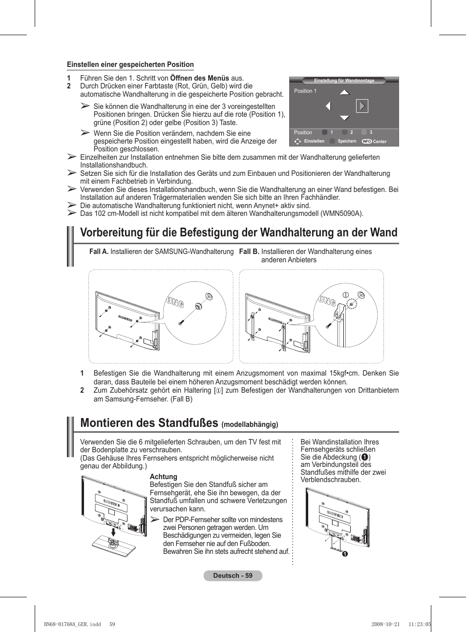 Montieren des standfußes | Samsung PS58A656T1F User Manual | Page 186 / 567