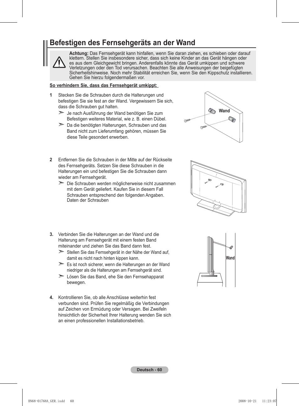 Befestigen des fernsehgeräts an der wand | Samsung PS58A656T1F User Manual | Page 187 / 567