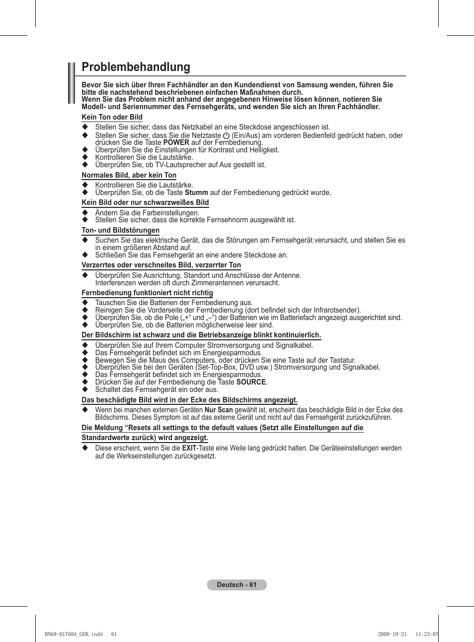 Problembehandlung | Samsung PS58A656T1F User Manual | Page 188 / 567