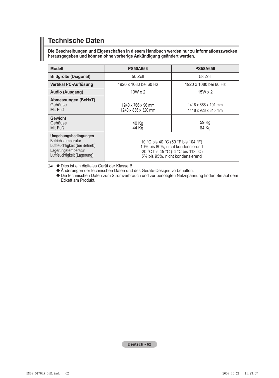 Technische daten | Samsung PS58A656T1F User Manual | Page 189 / 567