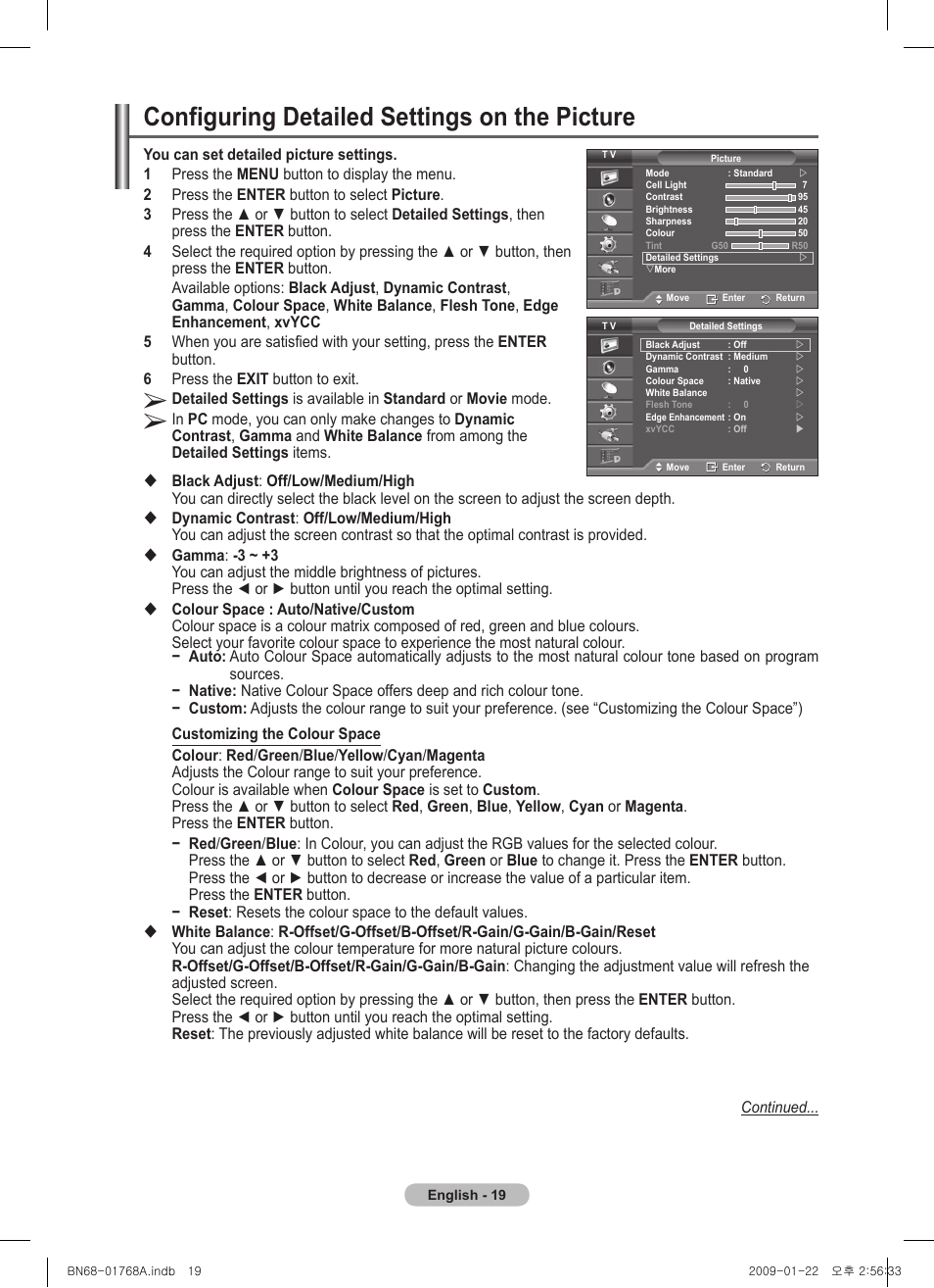 Configuring detailed settings on the picture | Samsung PS58A656T1F User Manual | Page 19 / 567